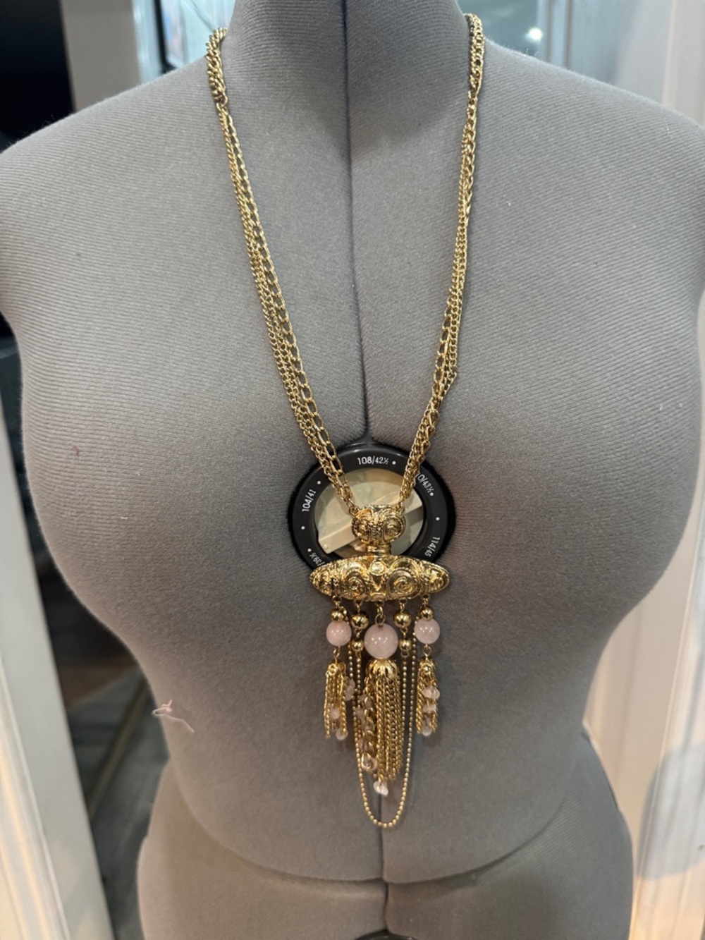 Gold Statement Tassel Pendant Necklace with Pink Beads